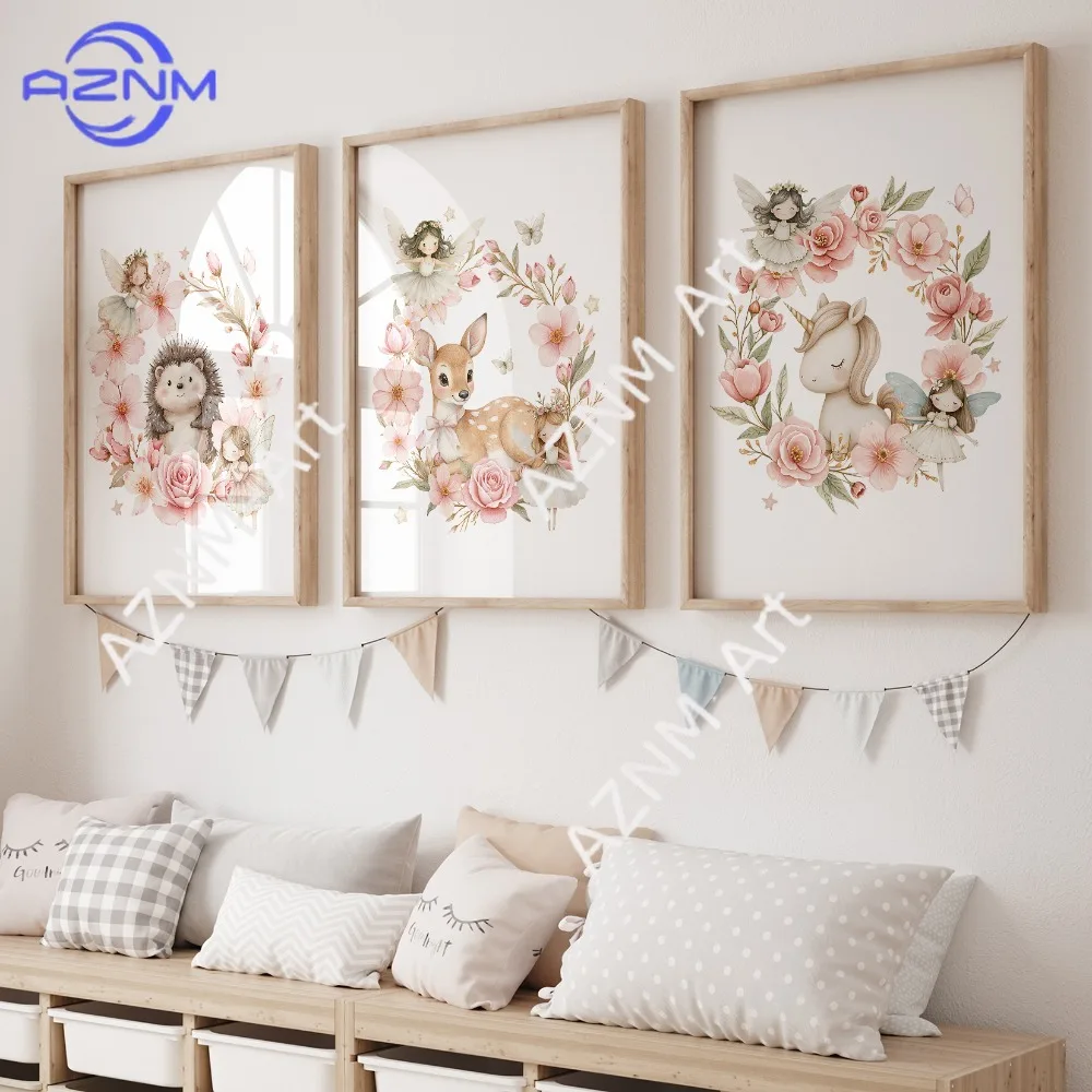 1 unidad/3 unidades de impresiones artísticas de dibujos animados para niños, conejillo de indias rosa, ciervo, unicornio, pintura en lienzo, póster, imagen para decoración del hogar y sala de estar