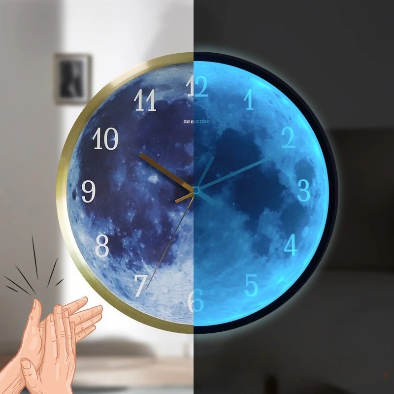Creative Blue Moon Hanging Clock LED Night Light Voice Controlled Wall Clock Suitable for Living Room Bedroom Study