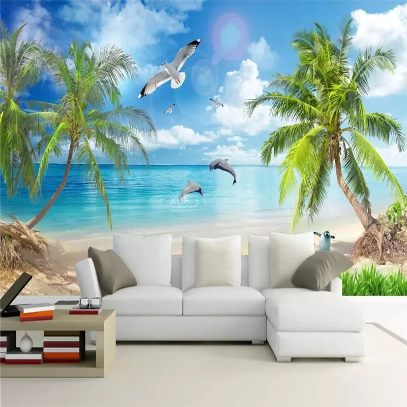 Customized products 3D Photo Wallpaper HD Sea View Coconut Tree Beach Landscape 8D Mural Bedroom Living Room TV Background Wall