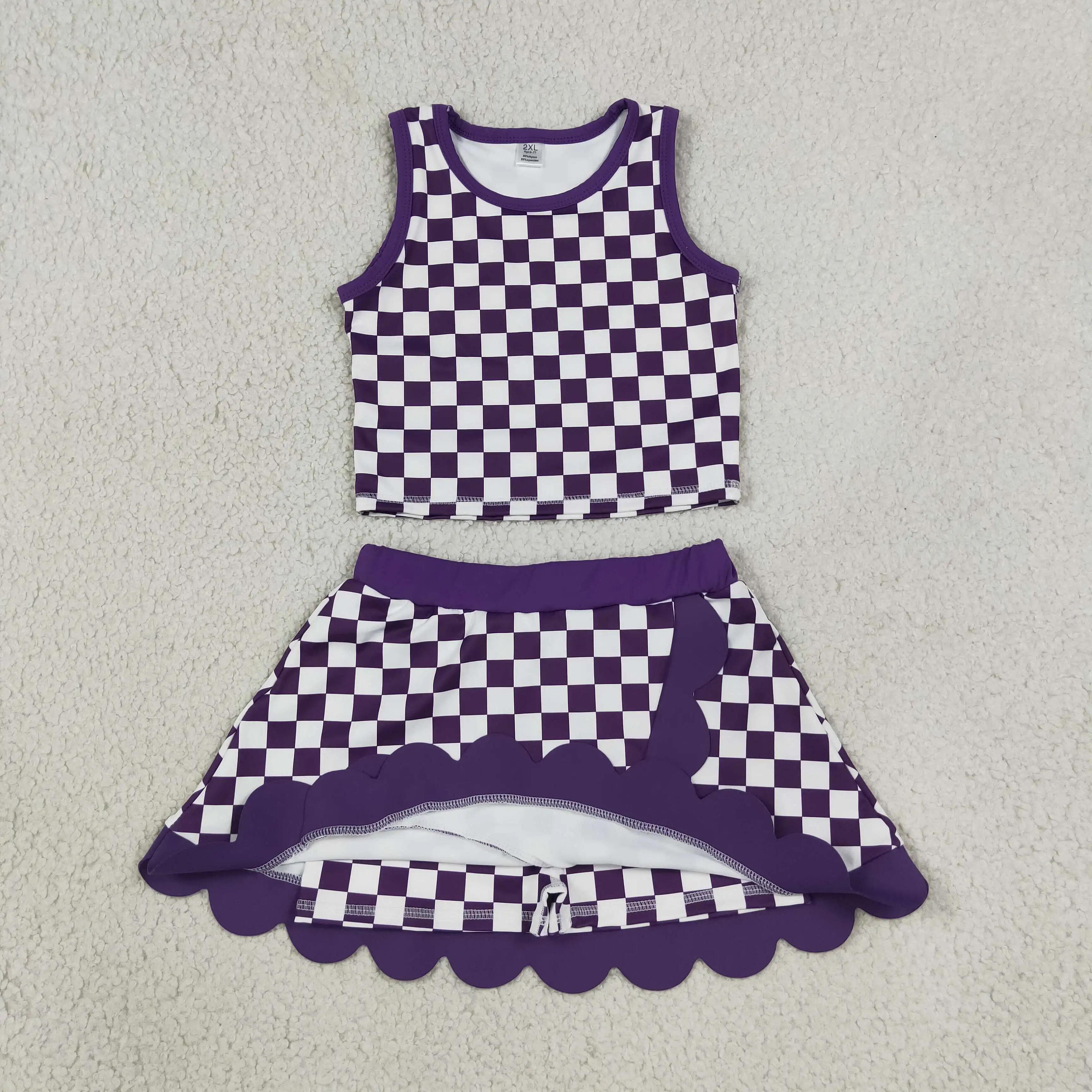 Wholesale Toddler Sleeveless Purple Checked Shirt Skirt Shorts Kids Set Athletic Baby Girl Yoga Active Breathable Clothing