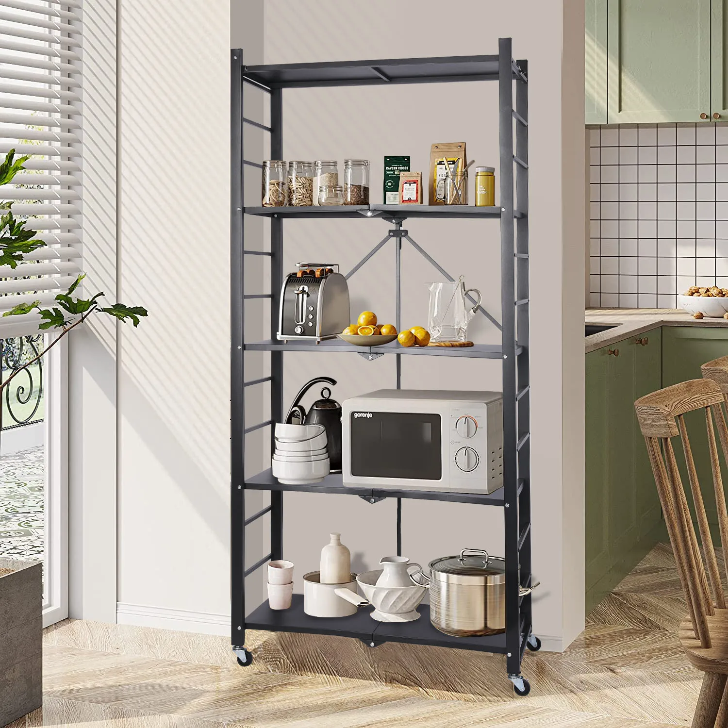 Multifunctional Storage Shelves  5-Tier Collapsible Organization Storage Rack Bookshelf Folding Pantry Shelves Cube ShelfWire