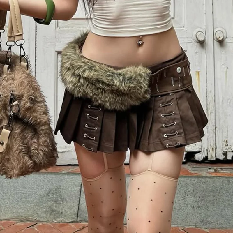 

Wasteland Style 2000-х годов Коричневая плиссированная юбка с меховым поясом Ретро Y2k Свободная мини-юбка с низкой талией Женская уличная трендовая юбка в стиле панк