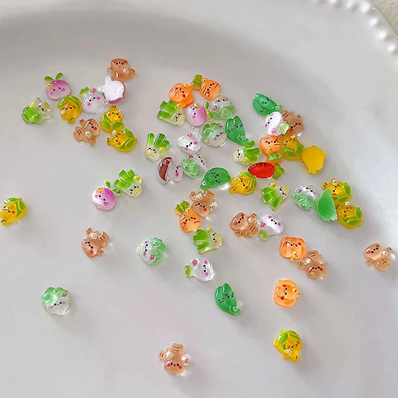 20 pezzi di accessori per nail art vegetali trasparenti ghiacciati, mini ciondoli per unghie carini, cavolo, mais, resina, strass per unghie, decorazioni per cartoni animati