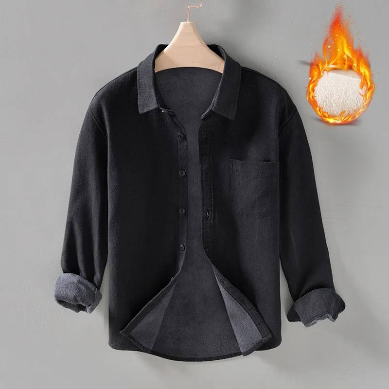 L965 Men\'s Winter Fashion Thicken Warm Fleece Casual Shirt Vintage Classic Long Sleeve Solid Color Simple Versatile Blouses Male