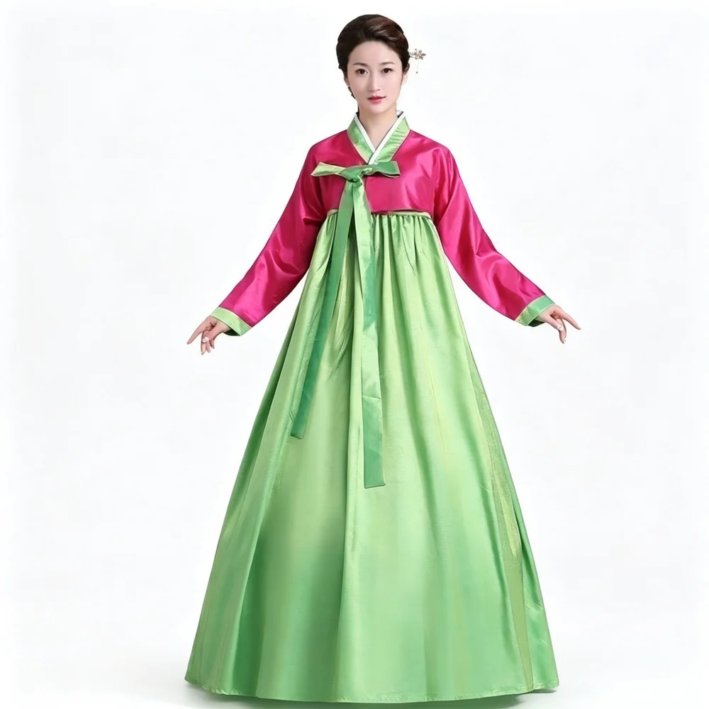 USHINE Elegant Korean Hanbok Women Satin Long Dress Set Vintage Korea Ethnic Outfit Holiday Photo Shoot Formal Party Costume
