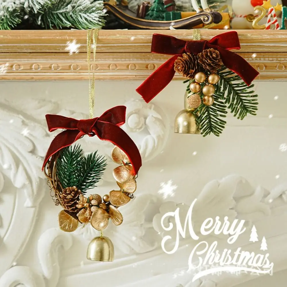 الإبداعية الأحمر عيد الميلاد المخملية القوس جرس الأخضر إكليل عيد الميلاد الرنين جرس معدني معلق الصنوبر مخروط جرس قلادة عيد الميلاد ديكور #1