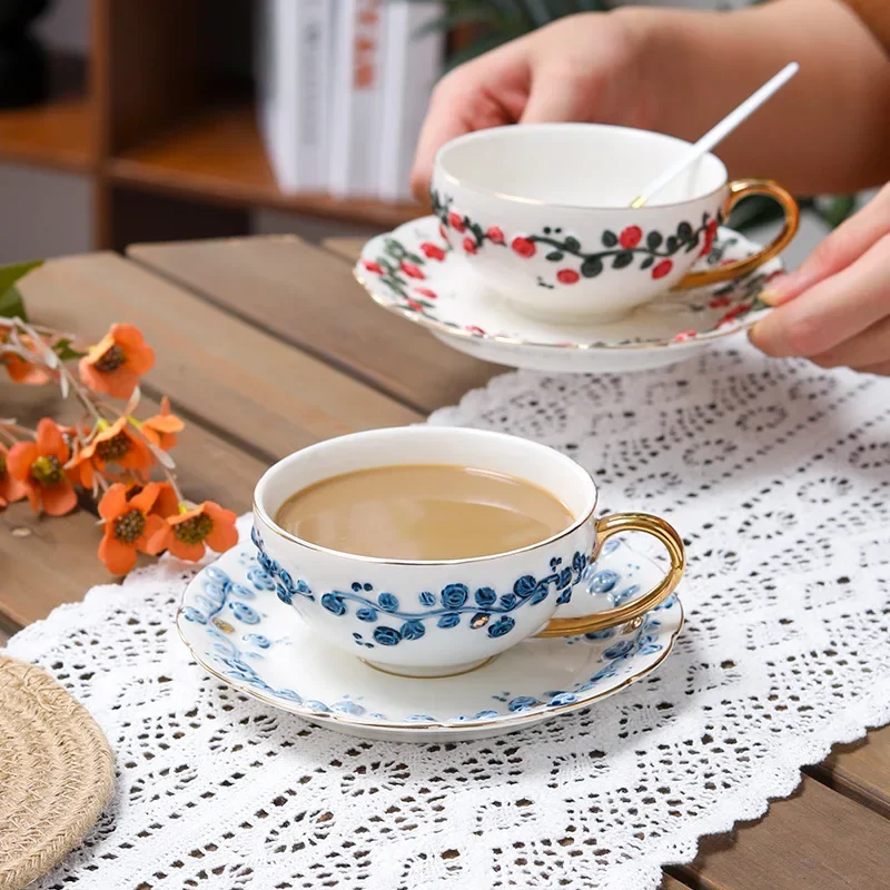 

Creative Floral Hand Color Ceramic Gold-painted Coffee Cup Saucer Household Water Cup Saucer Flower Tea Cups Coffee Mugs