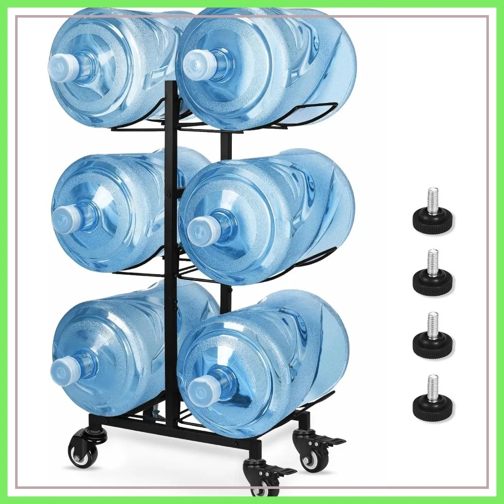 

5 Gallon Water Jug Holder with 4 Wheels, Heavy Duty Foldable Stand, 3-Tier Storage Rack for 6 Bottles, Black