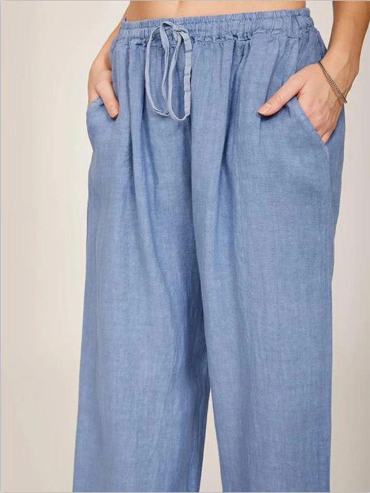 

Summer Fashion Pants Oversize 3XL Women Casual Solid Cotton Linen Pockets Loose Drawstring Elastic Waist Long Wide Leg Trousers