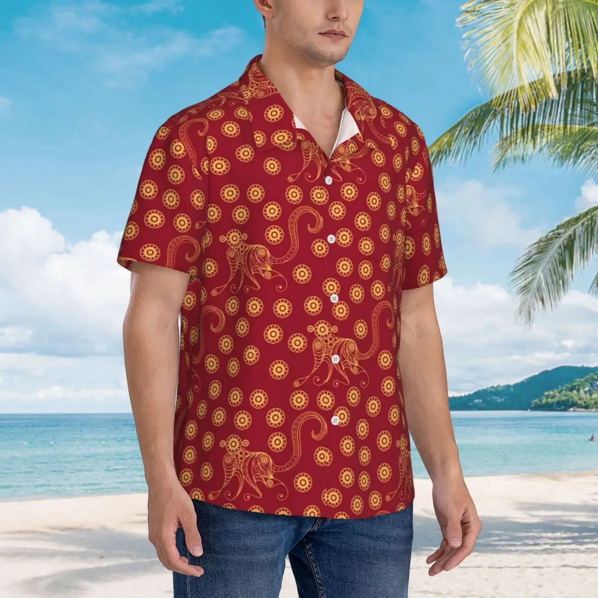 Red Monkey Vacation Shirt Men Retro Animal Print Casual Shirts Hawaiian Short-Sleeve Graphic Elegant Oversized Blouses Gift Idea