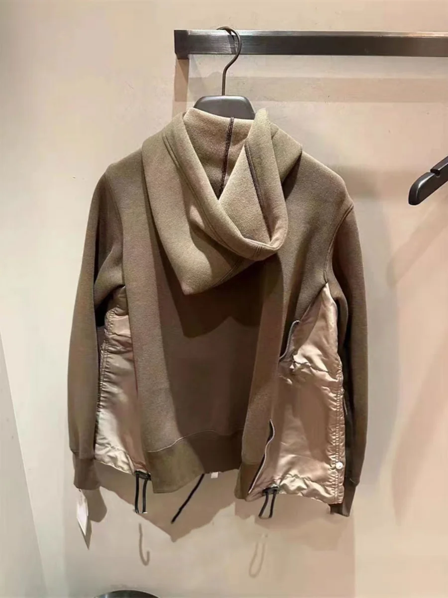 FOG SACAI 2024 Autumn Winter New Design Hooded Jaet Thin Fce Zipper ket Patchwork Sweatirt Women's Casual Wear