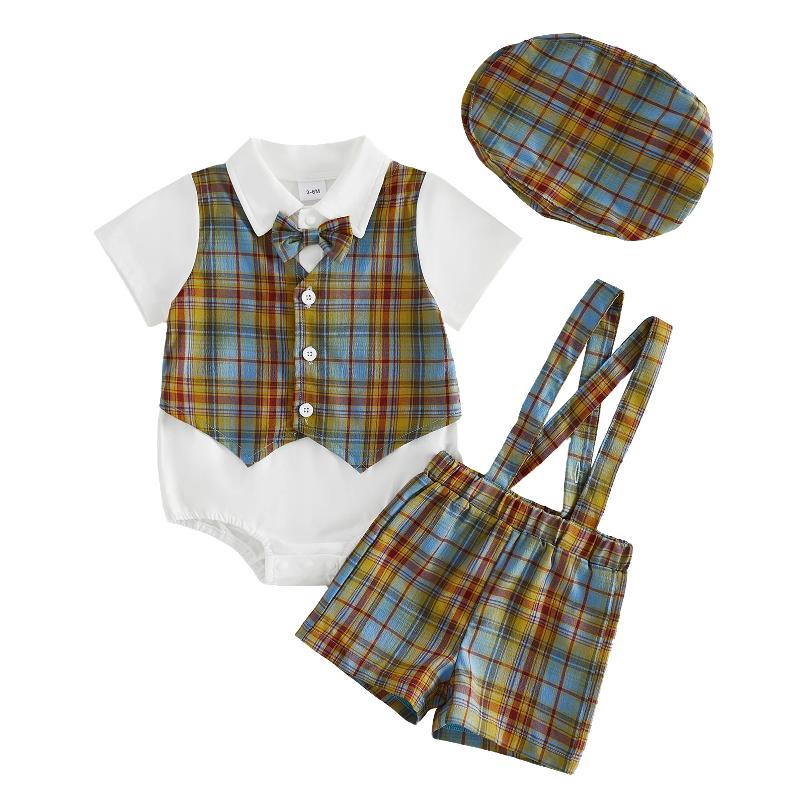 

Комплект шорт для маленьких мальчиков: комбинезон с короткими рукавами, клетчатые шорты и шляпа, летний наряд