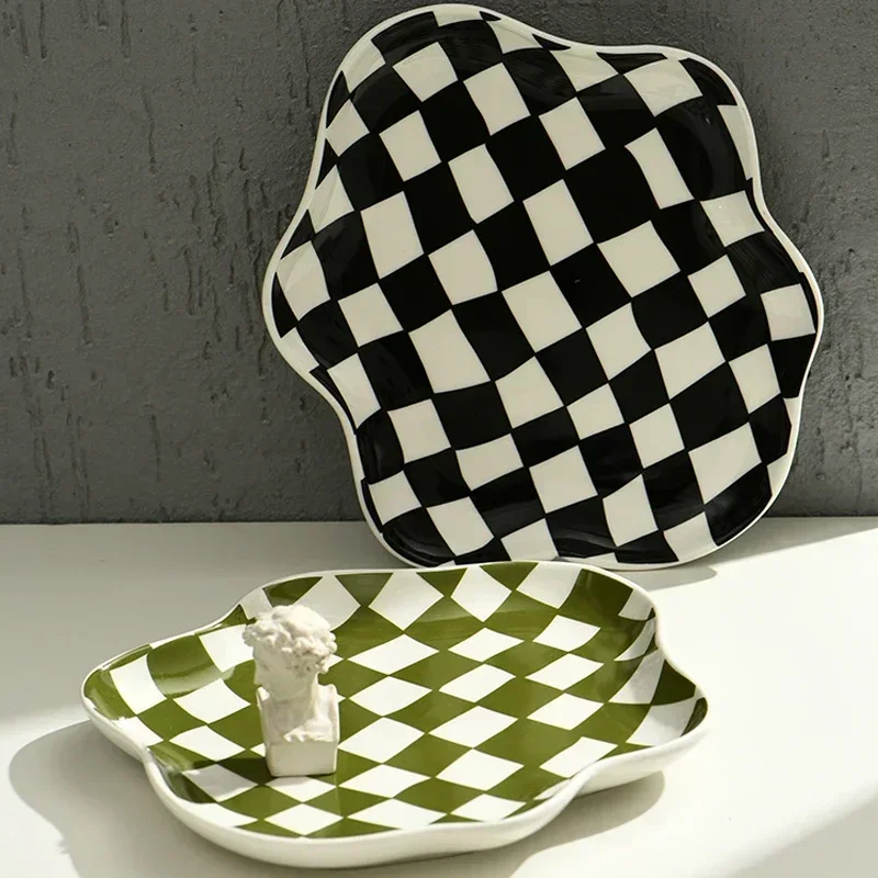Irregular Cloud Plate Designer Tableware Black White And Green Checkered Dessert Plate Cake And Pastry Plate