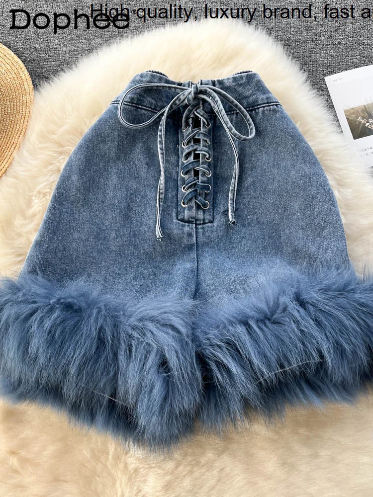 Spring Summer 2023 Design Drawstring Lace Denim Women Sexy Hot Girl Furry Patchwork Retro High Waist Jeans Shorts Female