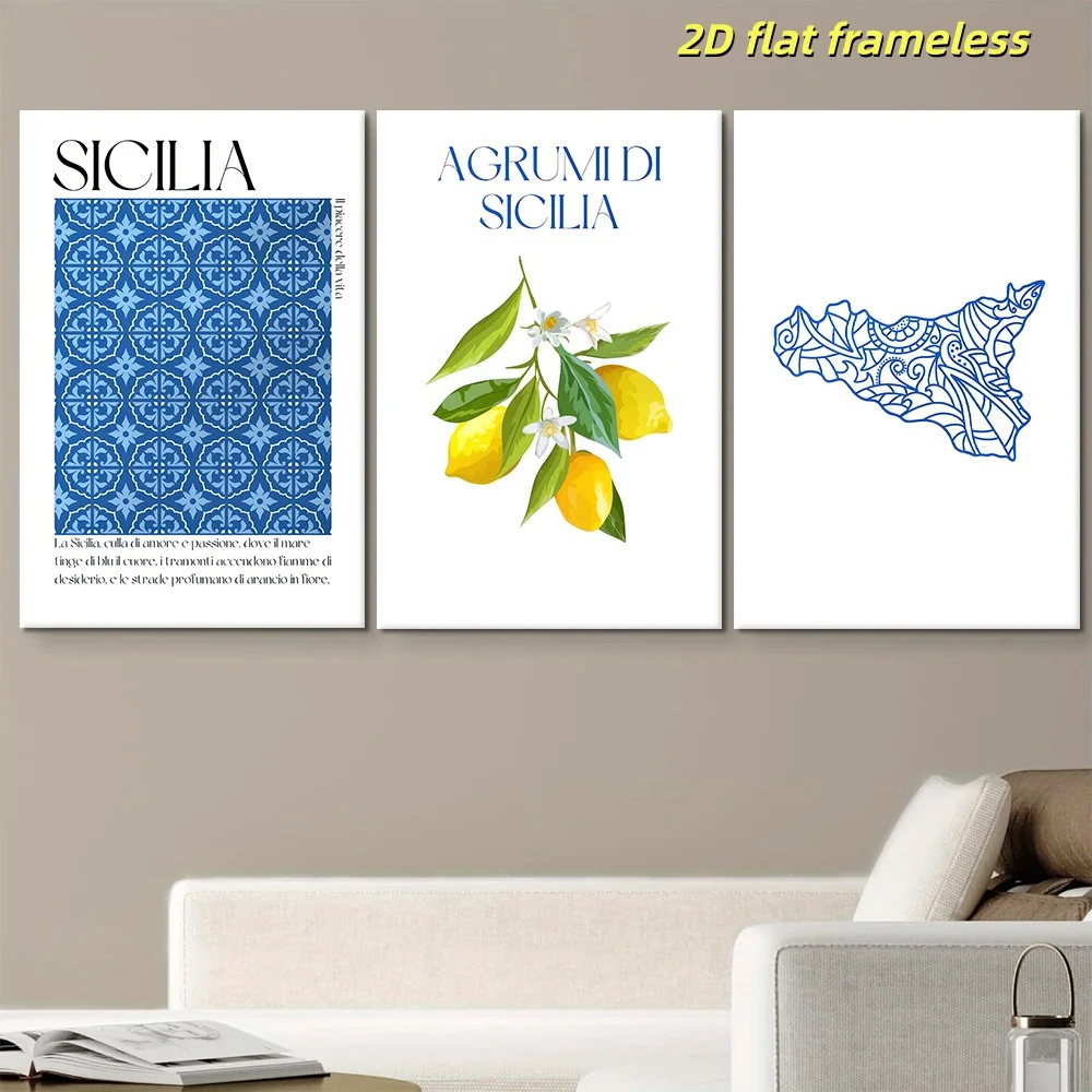 3 Mediterranean style Sicilian ceramic patterned canvas posters, Italian blue and white geometric patterned living room foyer be