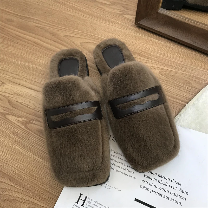 New Style Concise Square Toe Fur Mule Shoes Woman Winter Lazy Loafer Slippers Ladies Slip-on Capable Style Flat Plush Shoes