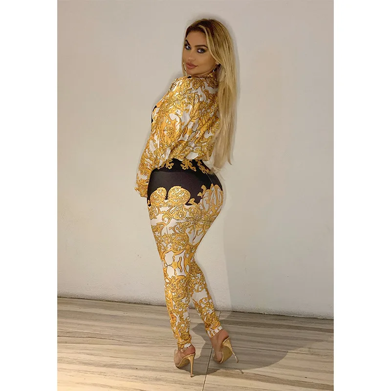 2024 New Elegant Fashion Two-piece Chic Vintage Printed Long-sleeved Shirt Slim Small Foot Trousers Women Tops+Pants 2-piece Set