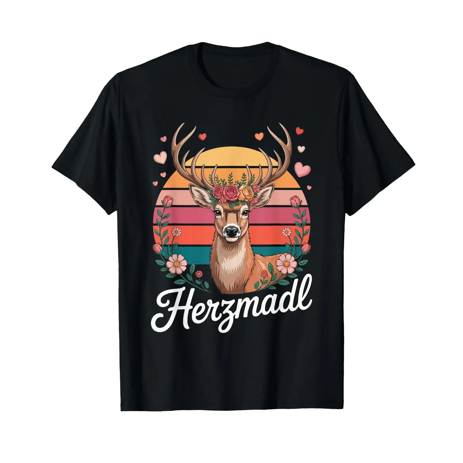 Herzmadl Hirsch Blumenkrone Herzen Vintage T Shirt vintage Washed homme Comfortable streetwear Versatile Breathable Stylish