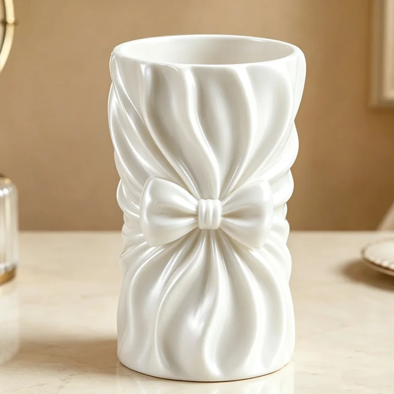 Romantic Bow‑knot Twisted 3D Printed Vase Desktop Ornament Dry Flower Holder Artistic Plant Container Modern Home TableDecor