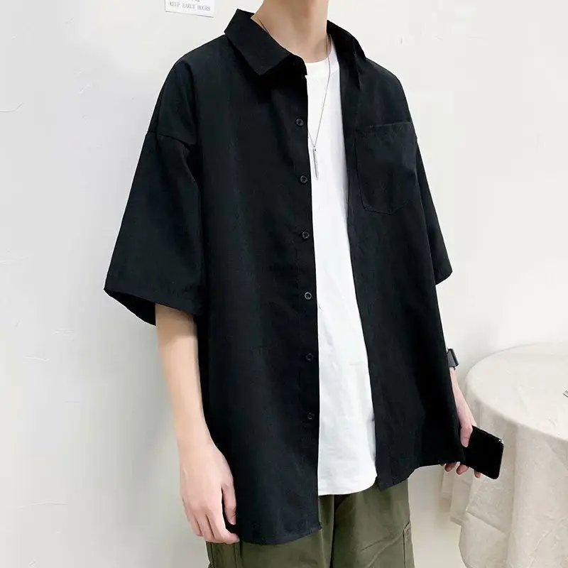 Summer Short-sleeved Shirt Men's Korean Style Fashion Handsome Solid Color Hong Kong Style Student Handsome Loose