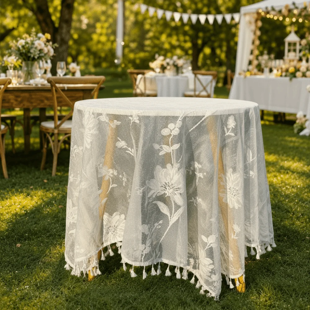 Vintage Pompom Tassel Tablecloth Embroidered Dust-Proof Lace Tablecloth Household White Color French Table Cover Decor Picnic