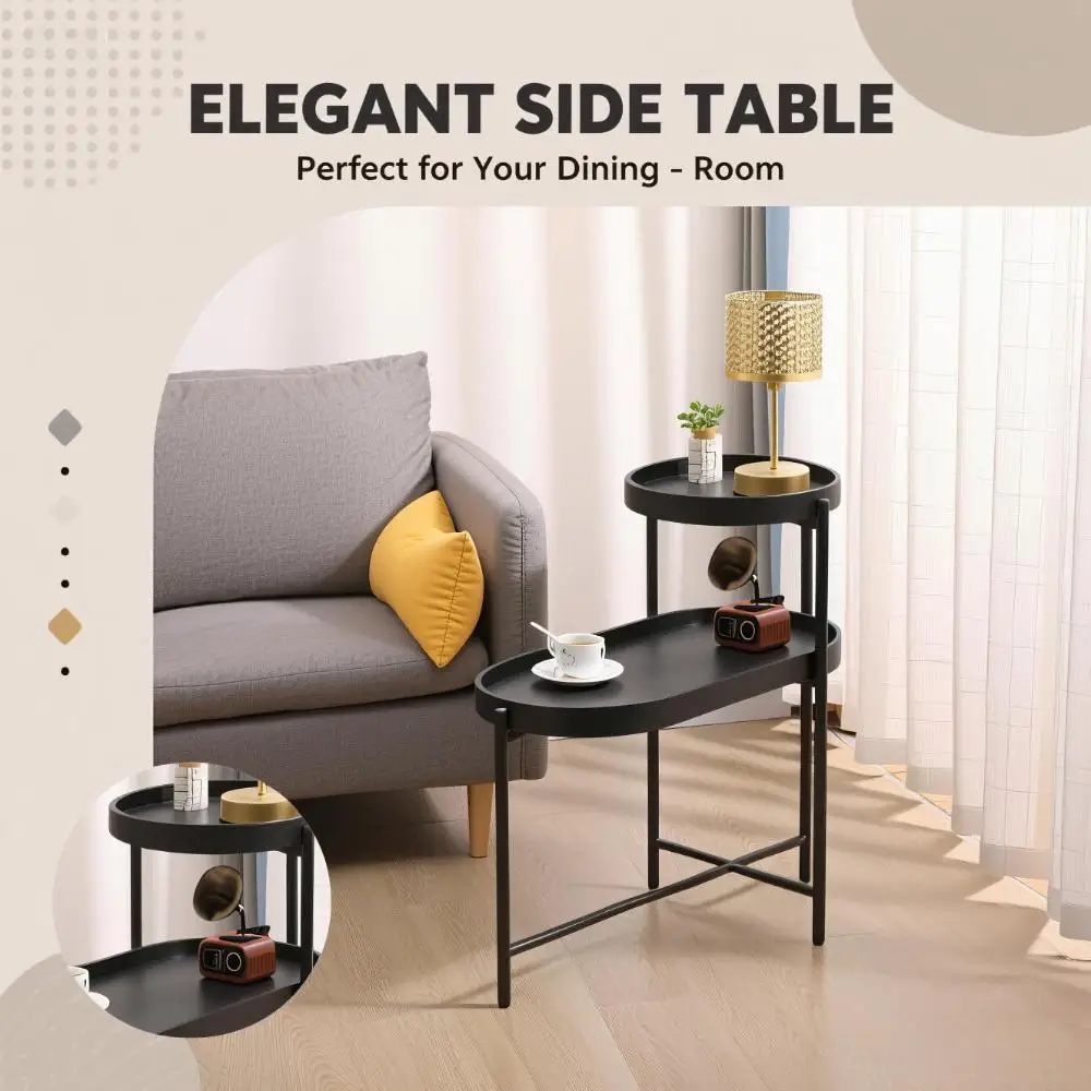 

Suitable for living room metal frame and wooden desk edge table, double-layer black edge table, with storage sofa table