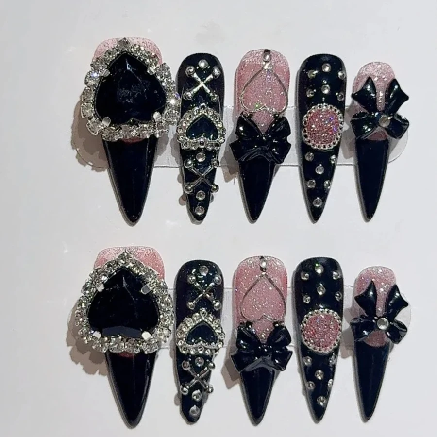 

10Pcs Light Luxury Long Dark Black False Nails Pink Glitter Spice Girls Wearing Manicure 3D Bow Rhinestone Fashion Acrylic Nails