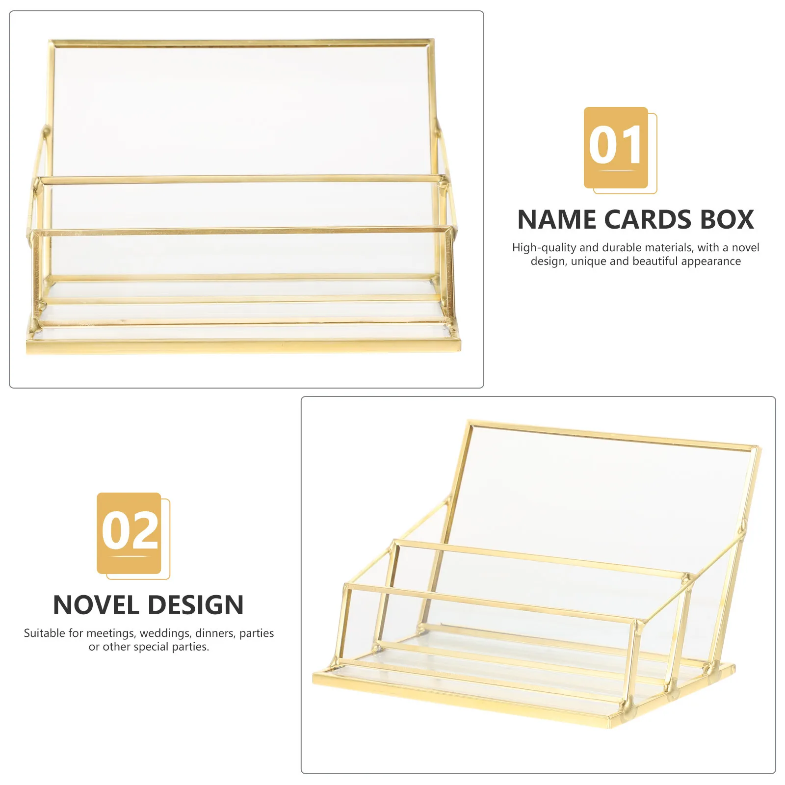 

1Pcs Business Cards Box Gold Metal Frame Transparent Glass Holder Office Desk Display Stand Organizer Stable