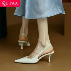 QUTAA 2024 Ankle Strap Women Sandals Thin High Heels Pointed Toe Pumps Genuine Leather Summer Shoes Woman Party Prom Size 34-40