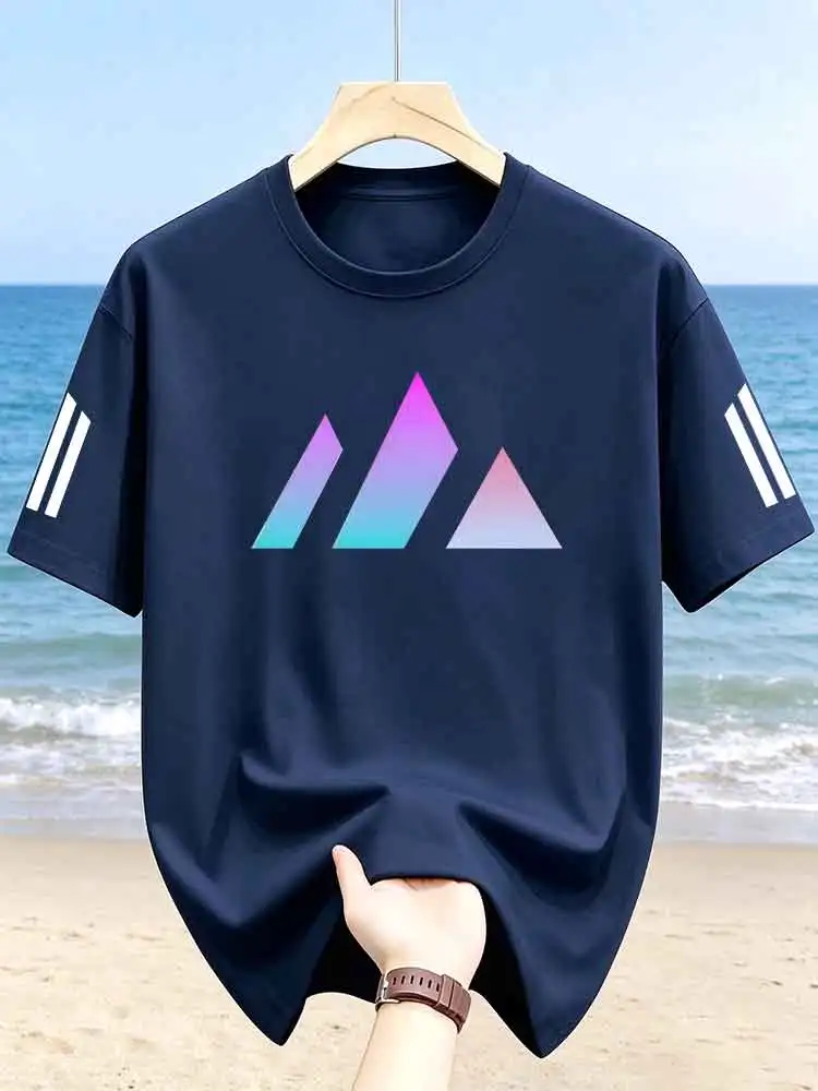 Men Gradient Triangle Print Short Sleeve T-shirt Crew Neck Striped Sleeve Casual Breathable Tee
