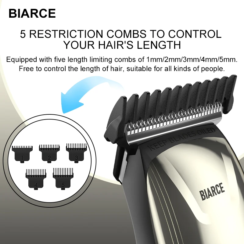 BIARCE Hair Clipper Professional Electric Rechargeable Hair Trimmer Machine Men Electric Shaver Barber Cutting Machine USB Gold