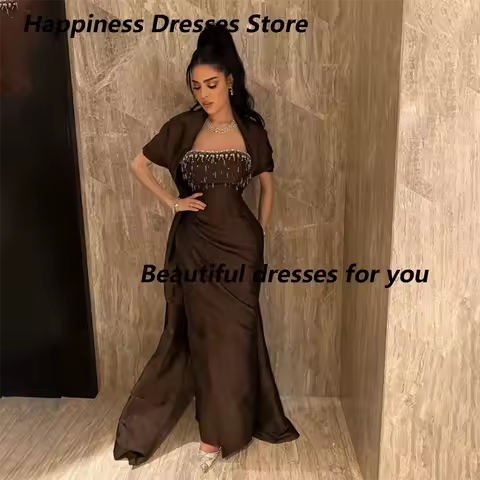 Mermaid Evening Dress with Shawl Crystal Strapless Satin Luxury Evening Gowns Brown Saudi Arabian Formal Party Dress Customized