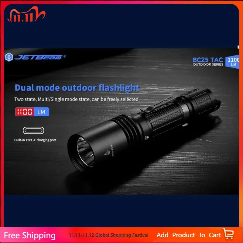 

JETBeam BC25TAC Outdoor Rechargeable Flashlight, LED Tail Magnet With 1100 Lumens Portable Water Resistant Spootlight Black