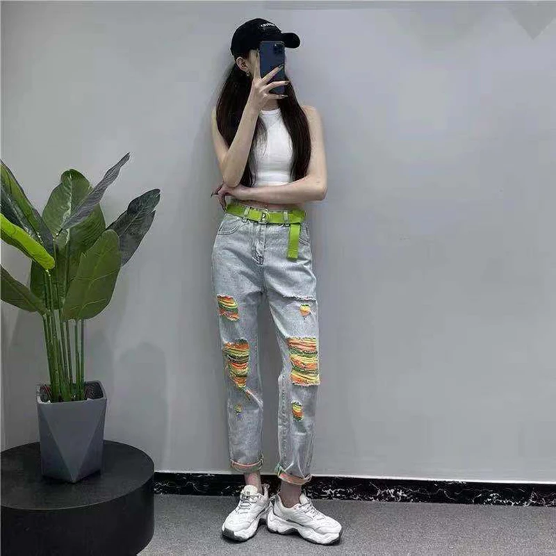 Colored Stripes Hole Denim Harem Pants Women Spring Summer High Waist Loose Casual Oversized Jeans Fashion Trend Streetwear Jean