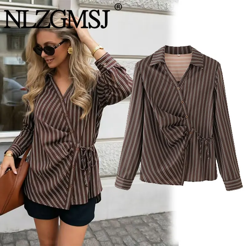 

Nlzgmsj 206 Spring Elegant Striped V Neck Long Sleeve Shirt for Women Waist Tie Wrap Office Lady Fashion Blouse
