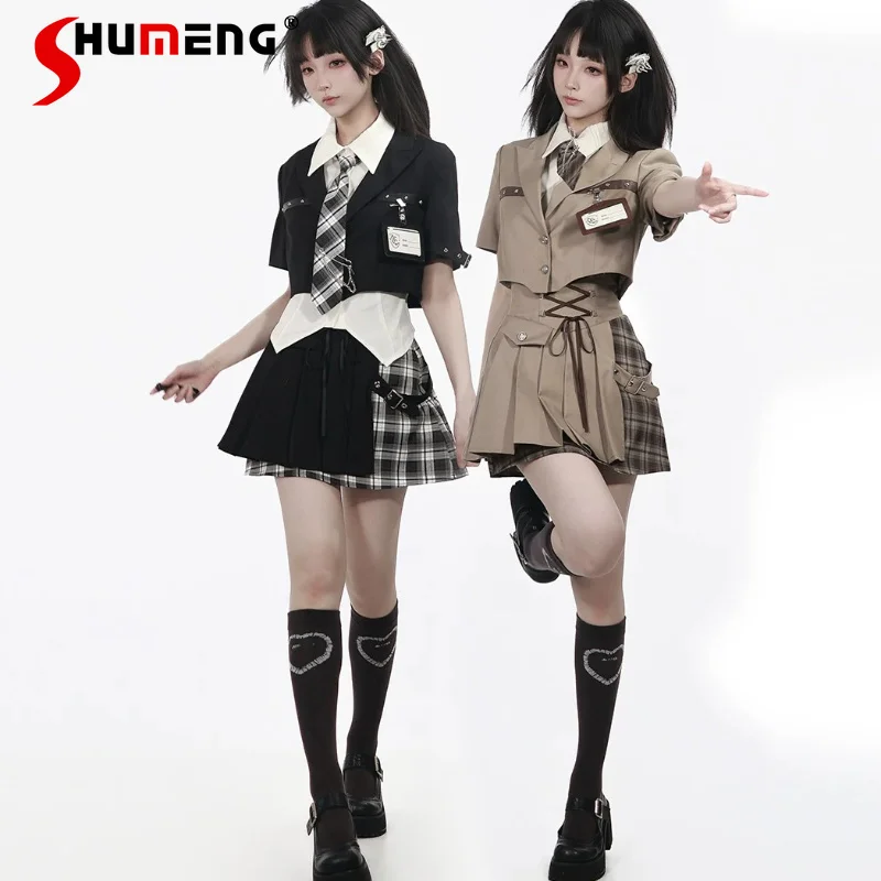 

College Style Short Sleeves Blazer High Waist Spliced Half Pleated Skirt Slim Fit Single-breasted Shirt Summer New Casual Outfit
