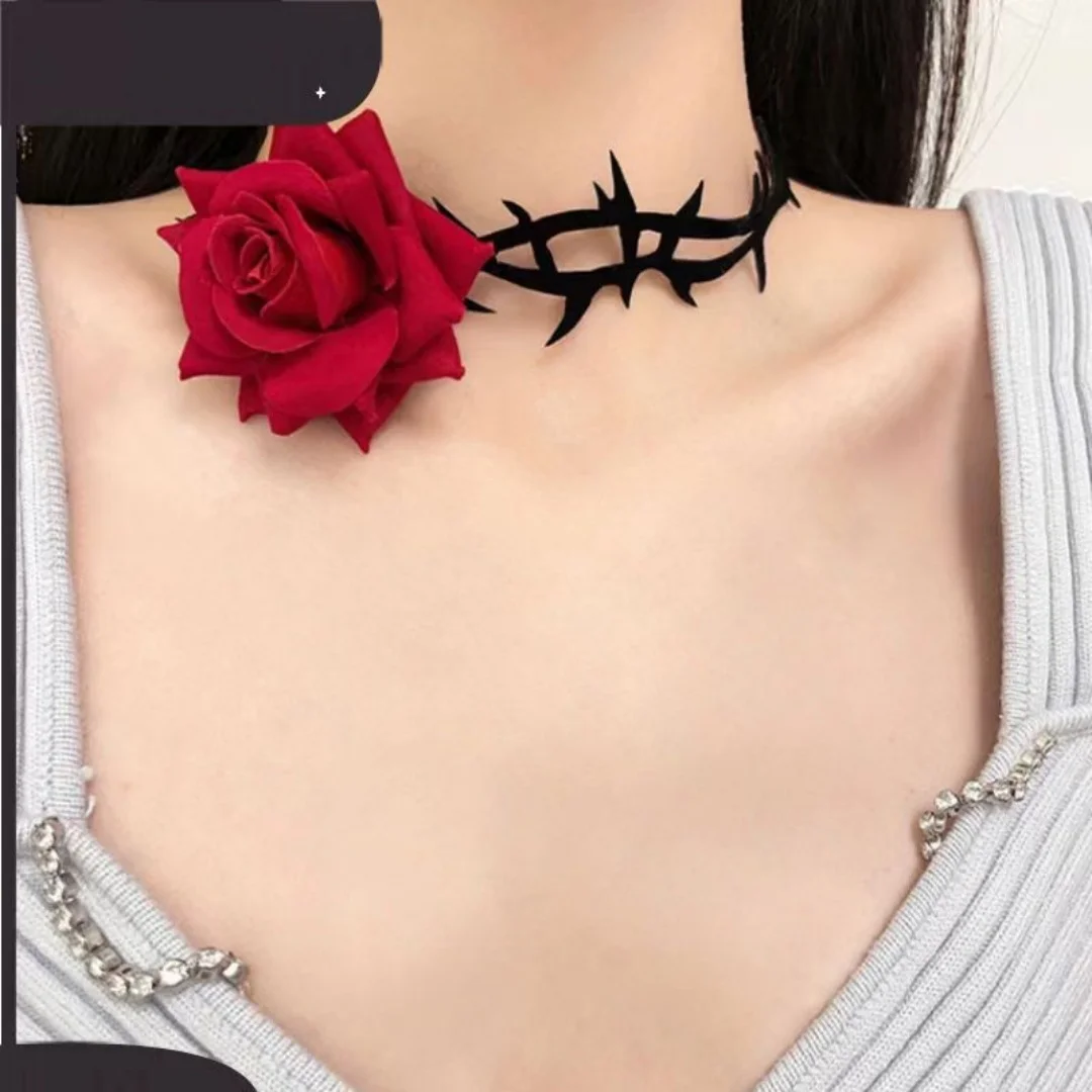 

DUTRIEUX Neo-Gothic Punk Black Lace Velvet Thorn Rose Necklace For Women Halloween Party Choker Collarbone Chain Jewelry Gifts