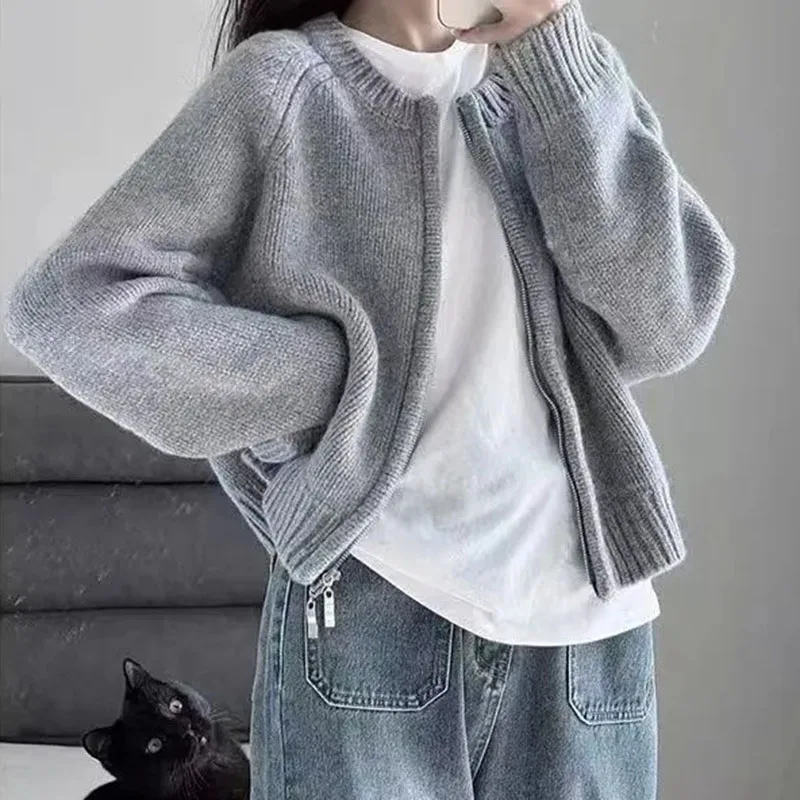 Lucyever Solid Color Zipper Knitted Cardigan Women Autumn Winter Casual O-Neck Long Sleeve Sweater Jacket Gray Short Cardigans