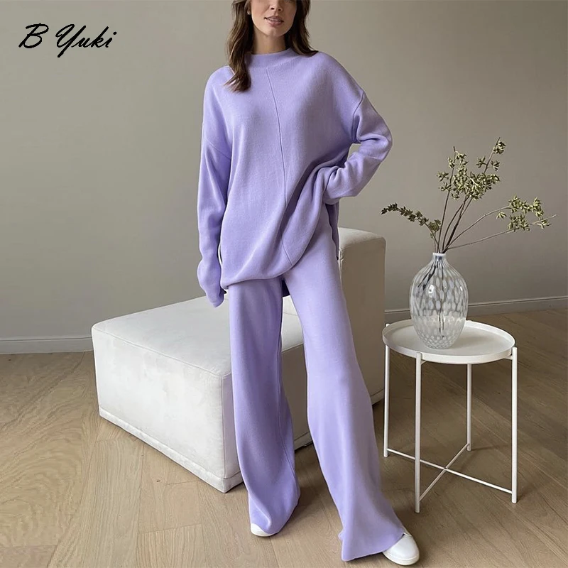 Blessyuki Loose Knitted Pullovers Sweaters Suit Women 2023 Winter Solid Split Sweater and Pants 2 Piece Female Thicken Warm Sets