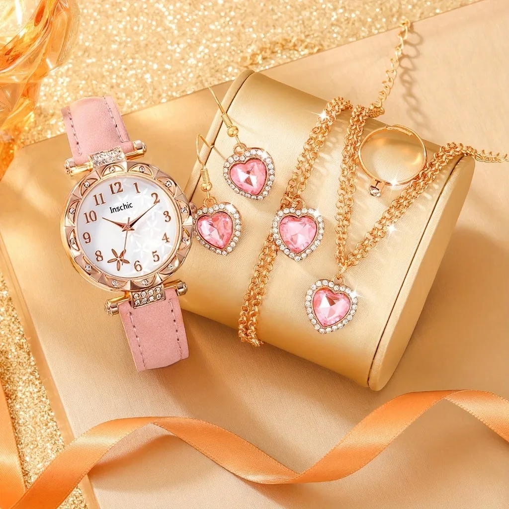 6pcs/set Women\'s Round Dial Watch Rhinestone   Starfish Pattern Pink Belt Quartz   Heart-shaped Jewelry Set