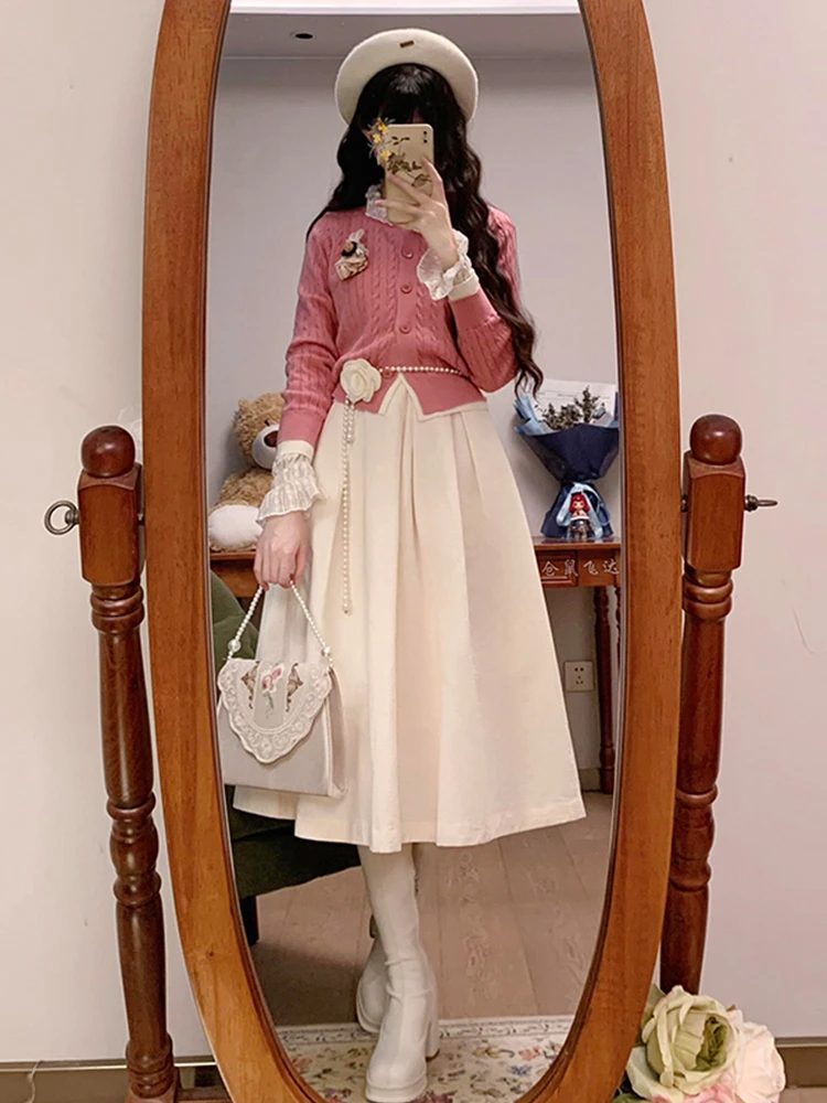 핑크 니트 롱 드레스 세트 여성용 2025년 초가을 신상 한국 스타일 분위기 있는 의류 A라인 스커트 스윗 퓨어 컬러