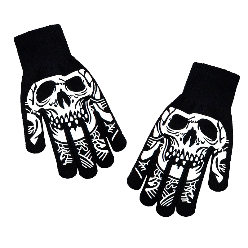 ถุงมือพิมพ์ลายกะโหลกสีขาว ถุงมือถักแบบห้านิ้วสำหรับผู้ชายและผู้หญิง สวมใส่สบายในชีวิตประจำวัน สไตล์สตรีทสำหรับฤดูใบไม้ร่วงและฤดูหนาว
