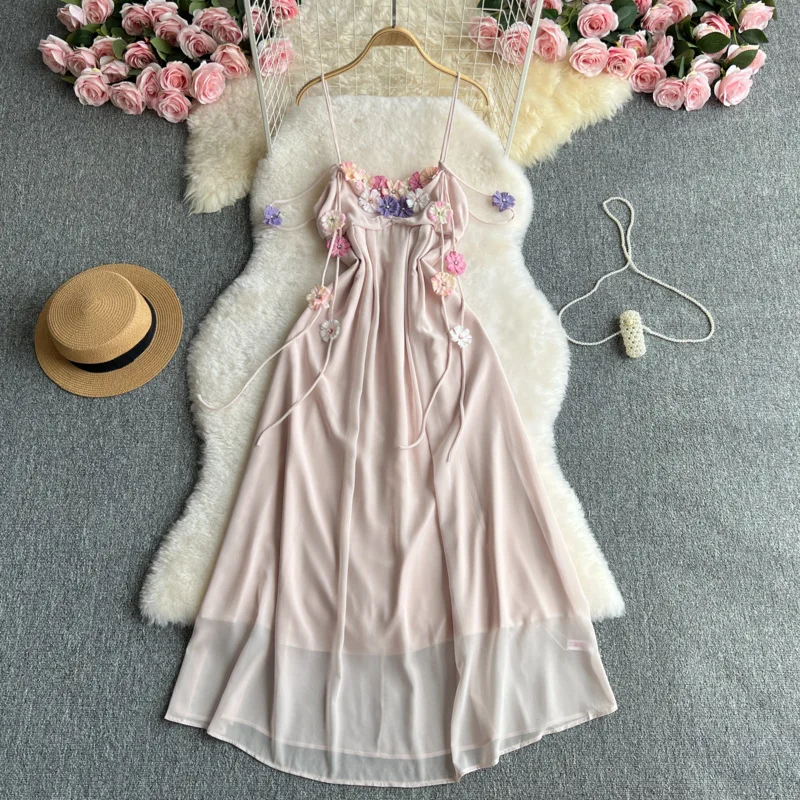 

2025 Summer Holiday Women's Dress Boho Colorful Three-Dimensional Flowers Suspender Chiffon Long Dresses Casual Beach Dress