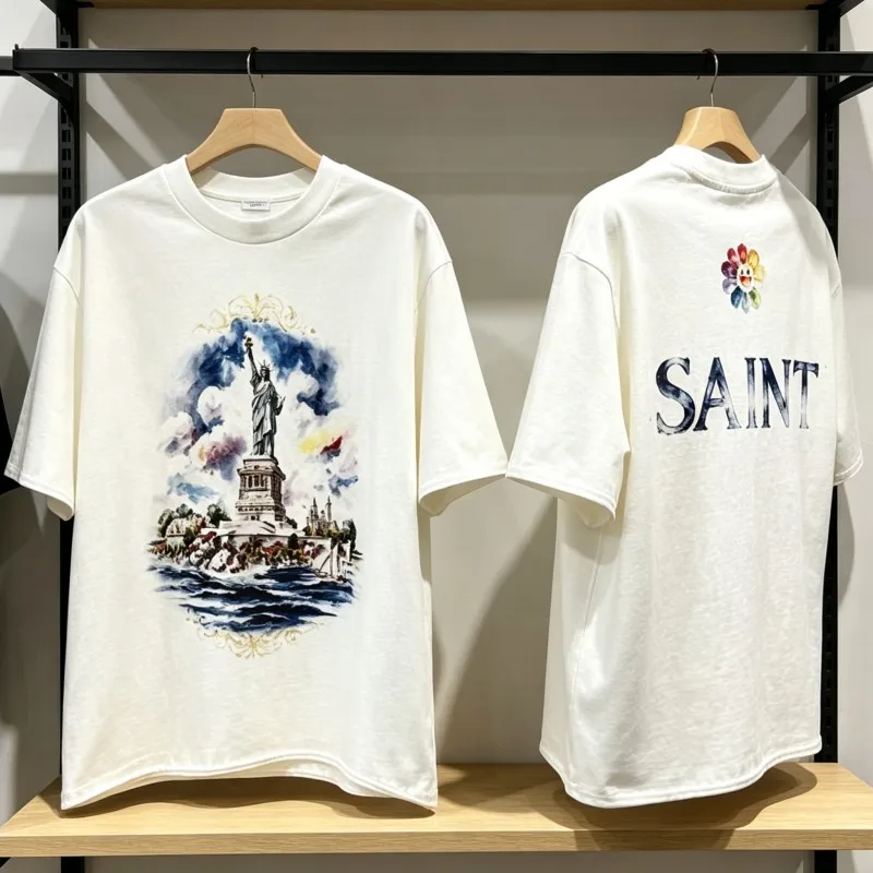 Saint Tshirts Oil Painting Sculpture Print White Round Neck Short Sleeve Casual Loose Streetwear Men Women Summer Top Tees