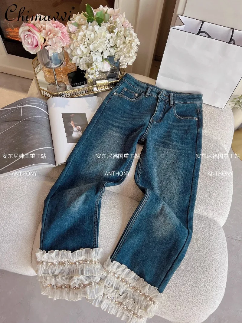 

Fashion Retro Blue Fleece-Lined Thickened Jeans Women Winter Heavy Embellished Rhinestone Ruffled High-Waisted Straight Pants