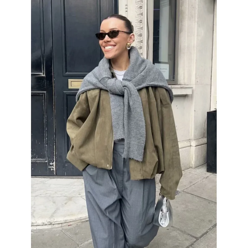 

Wholesale European and American style2025Spring and Autumn Casual Suede Textured Collared Aviator Jacket