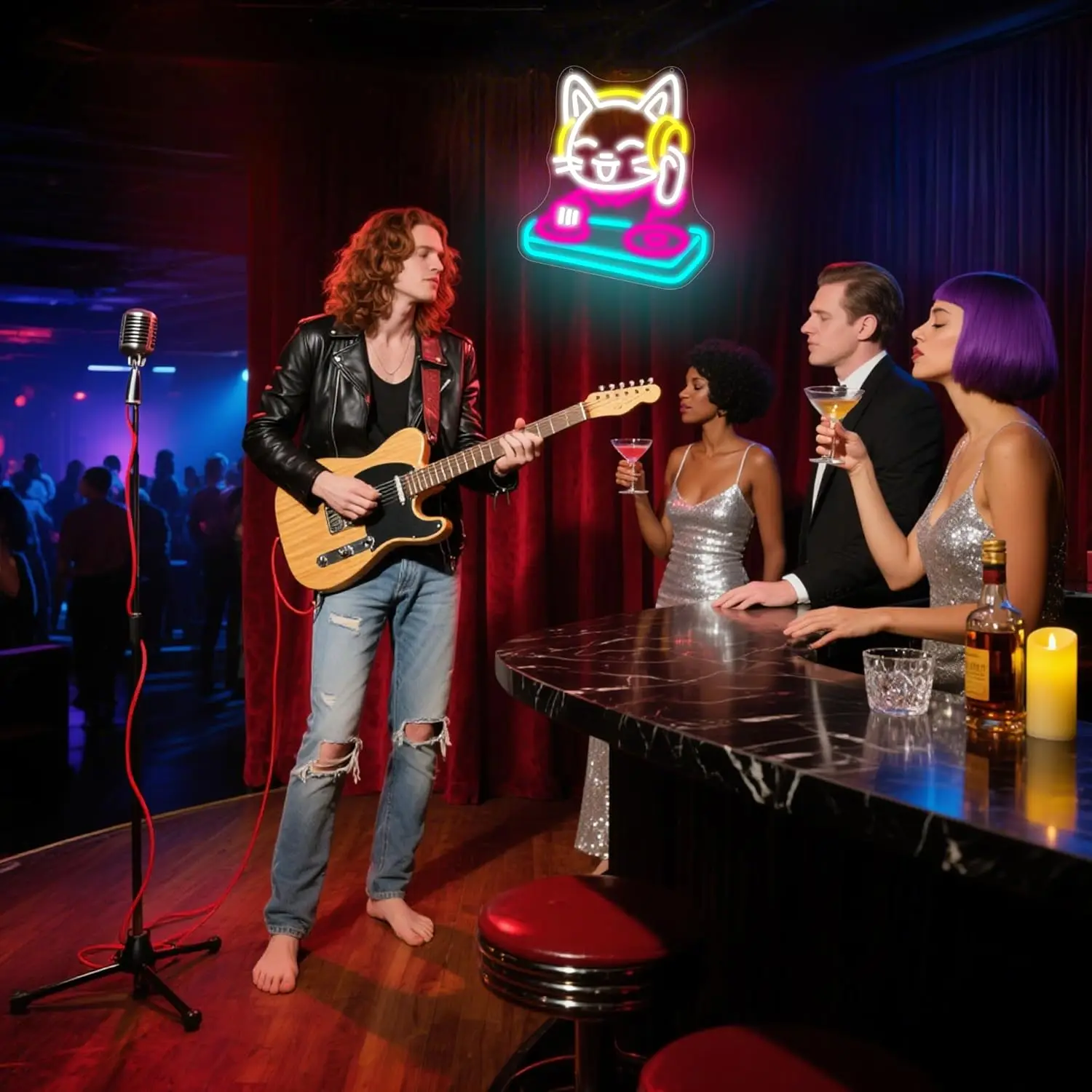 DJ القط النيون تسجيل عكس الضوء القط الموسيقى النيون ضوء جدار ديكور للرجل كهف غرفة الموسيقى استوديو المرحلة قاعة الرقص بار غرفة نوم حفلة Bi #4