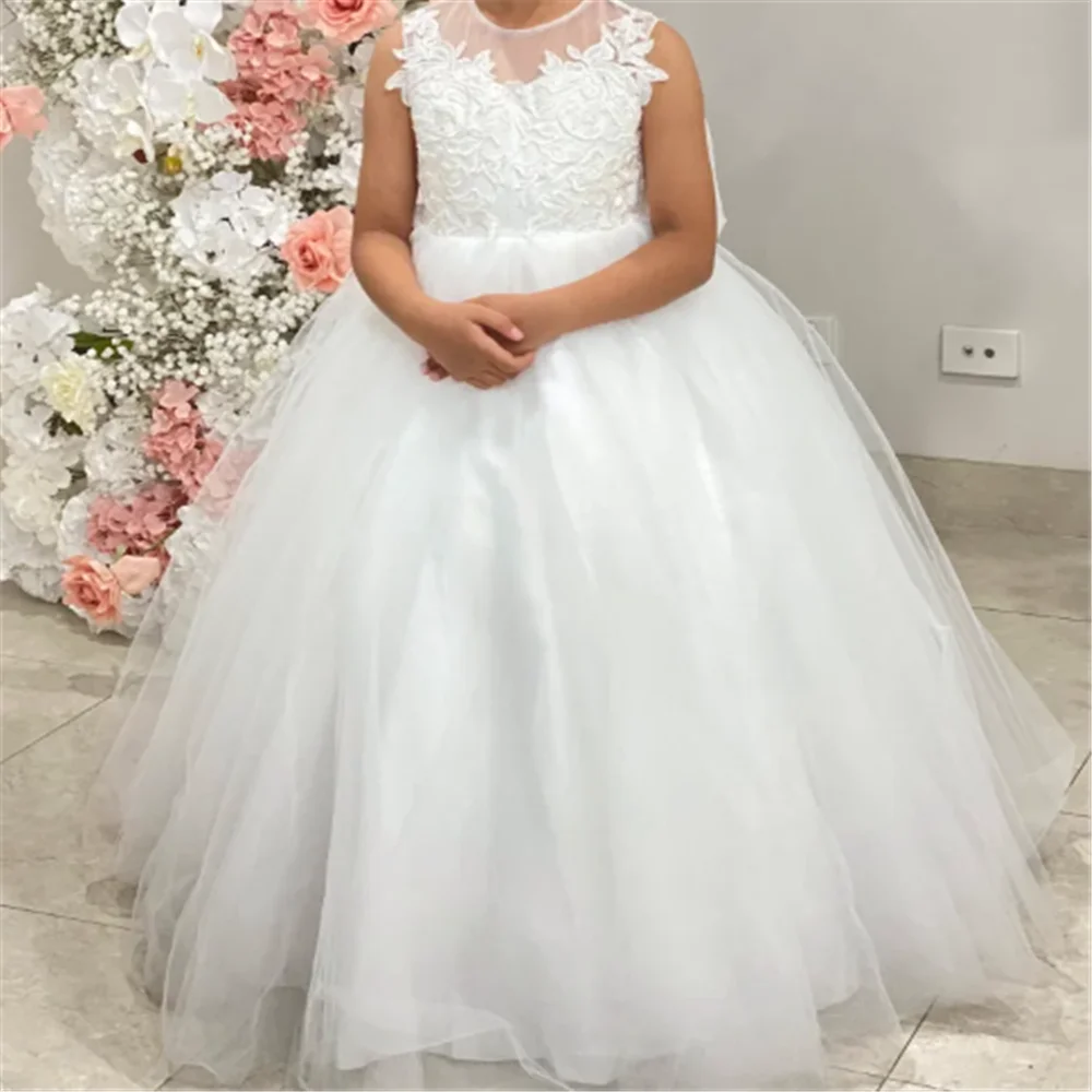 Elegant Sleeveless Tulle Lace Printing Flower Girl Dress Princess Ball First Communion Dresses Kids Surprise Birthday Present