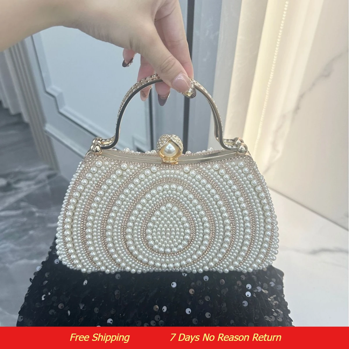 

Pearl Rhinestone Evening Clutch for Women, Convertible Shoulder, Vintage Luxury Party, Сумка Женская