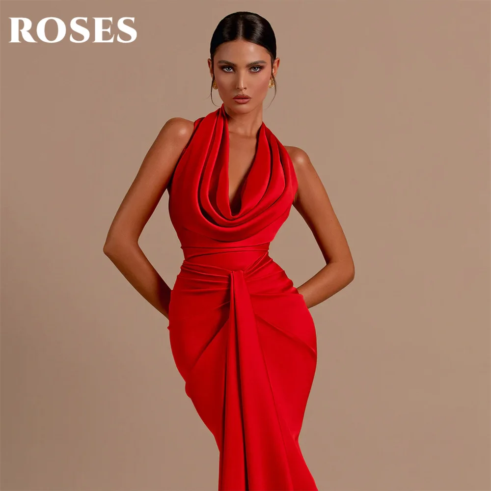 ROSES Halter Red Evening Dresses Backless Stain Prom Dresses Pleat Sleeveless Mermaid Party Dress Floor Length فساتين الحفلات